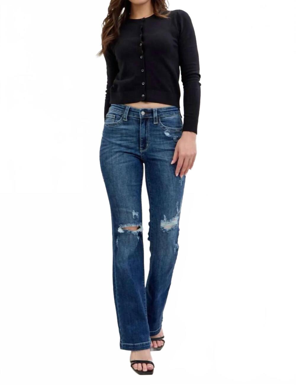 NEW JUDY BLUE mid rise hand sand and destroy bootcut jeans in medium wash